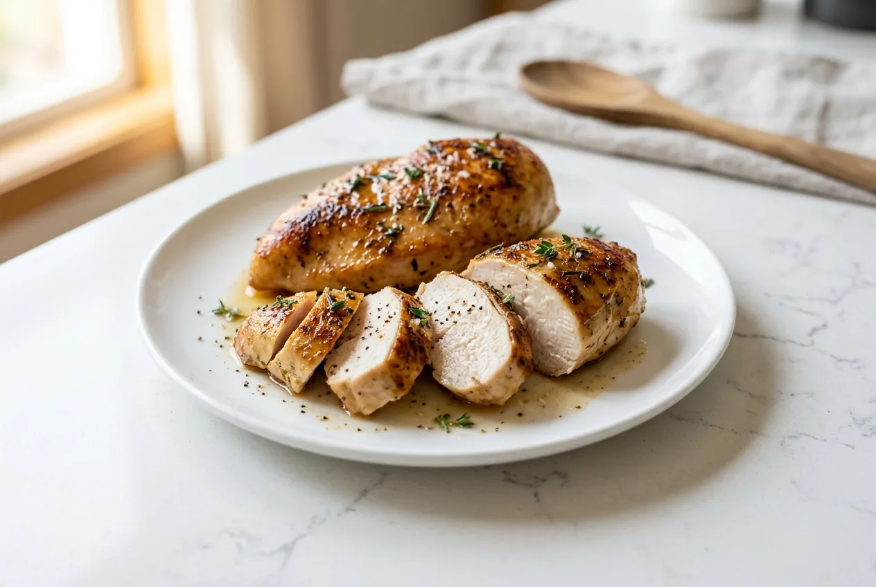 Juicy sliced pan-seared chicken breast on a plate showing a golden crust and moist interior