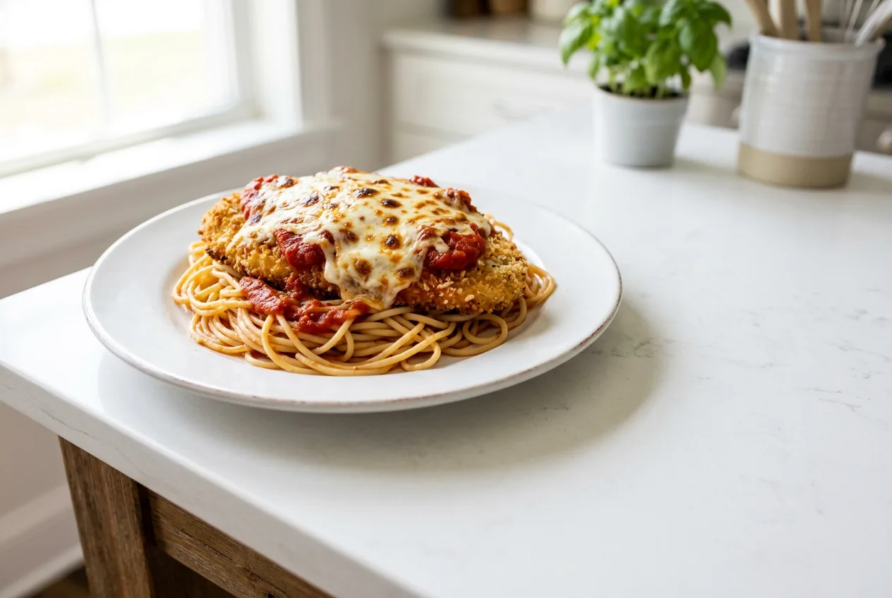Breaded chicken parmesan topped with marinara and melted mozzarella over spaghetti on a plate