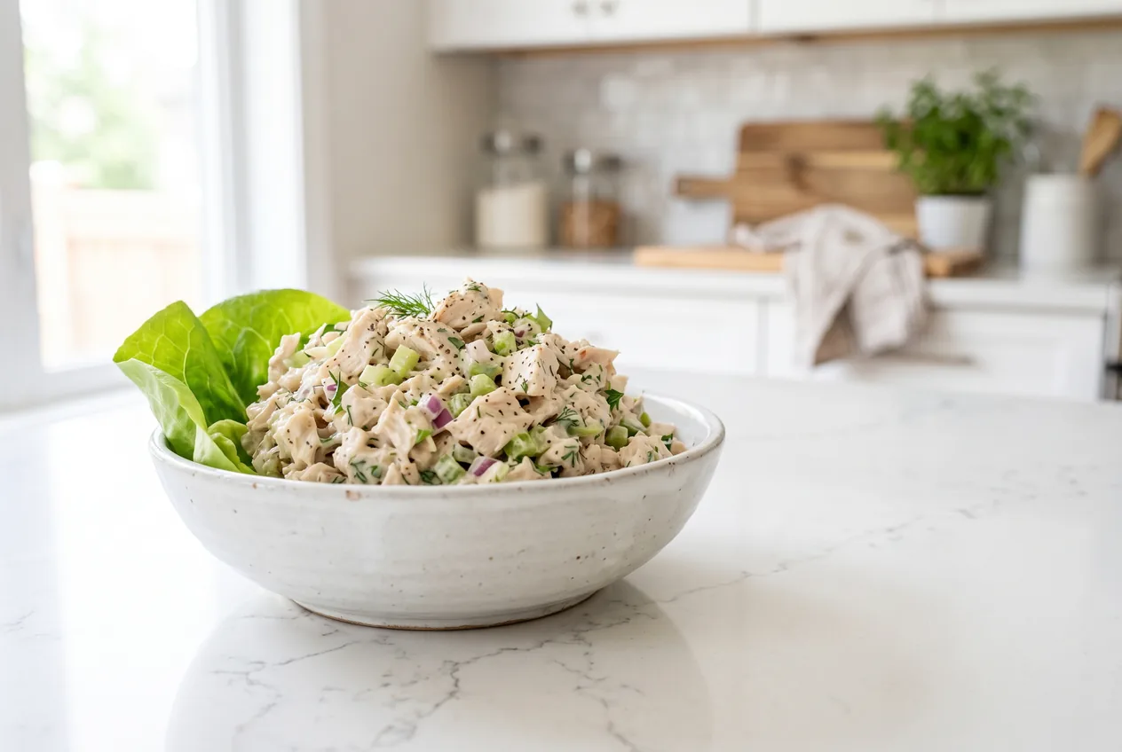 A bowl of creamy homemade chicken salad with flecks of celery and onion, a lettuce leaf tucked to one side