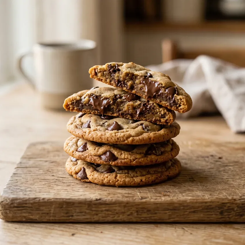 A stack of chocolate chip cookies with golden crisp edges, the top cookie broken in half to show a soft chewy centre studded with melted chocolate.
