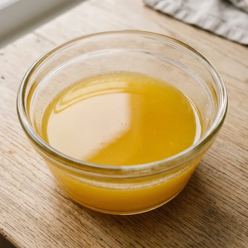 A bowl of fully melted butter that has cooled, appearing liquid and clear golden with no foam or steam and no solid lumps remaining.