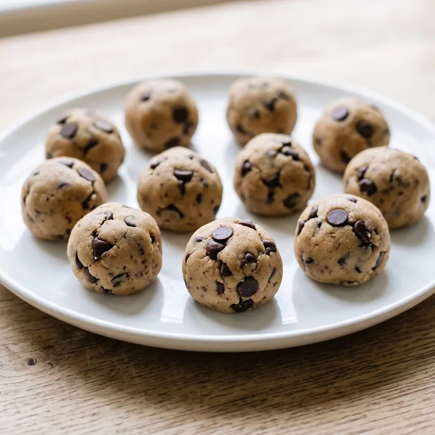 Portioned balls of chilled chocolate chip cookie dough on a plate, firm and matte with visible chocolate chips, after thirty minutes in the fridge.