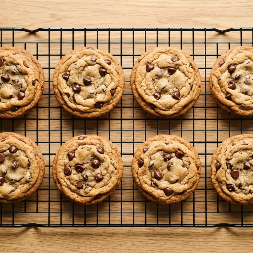 Chocolate chip cookies cooling in a single layer on a wire rack, seen from above, showing their crinkled tops, browned edges and even thickness.