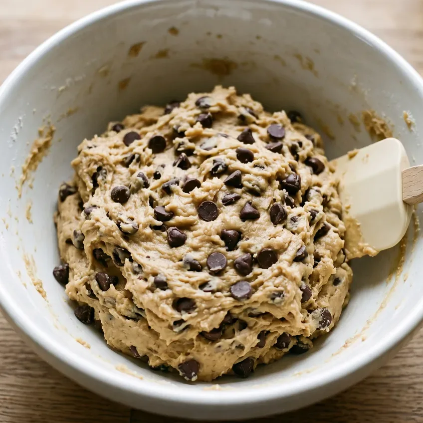Finished cookie dough in a mixing bowl, thick and soft with chocolate chips distributed evenly throughout and no dry flour visible.