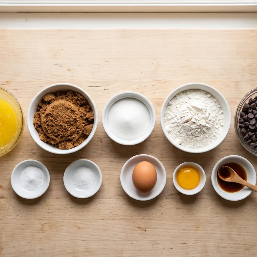 The cookie ingredients laid out on a counter: melted butter, dark brown sugar, granulated sugar, one egg and one yolk, vanilla, flour, baking soda, salt, and semi-sweet chocolate chips.
