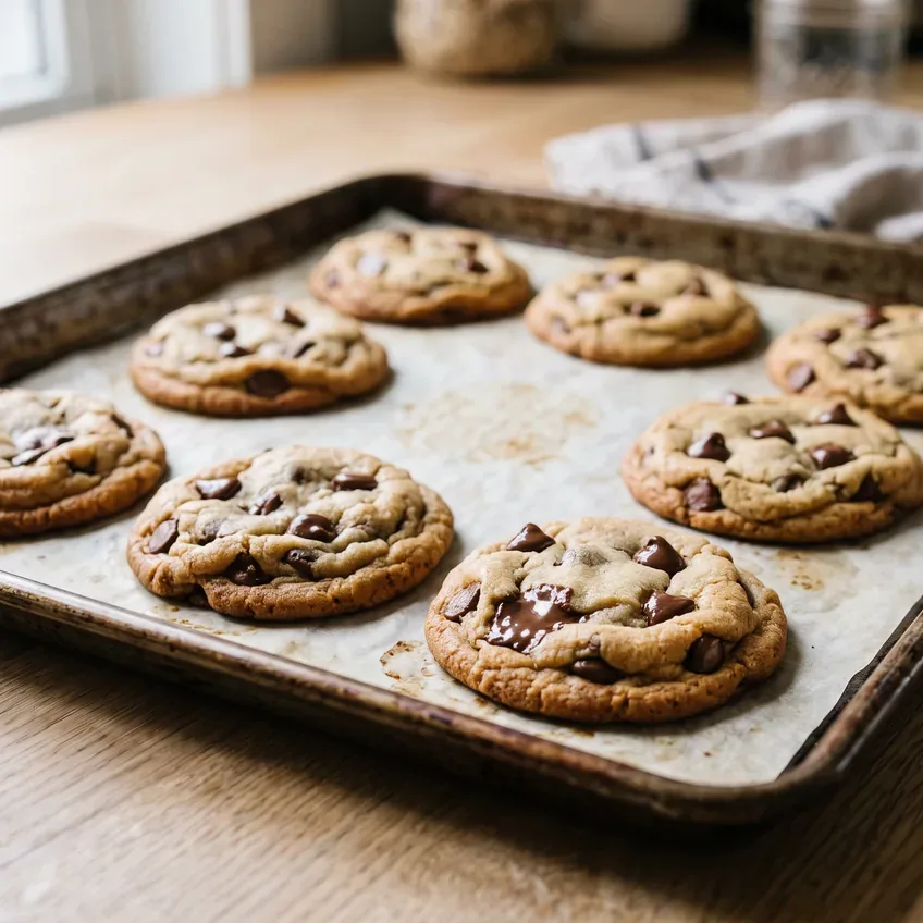 Chocolate chip cookies straight from the oven on a baking sheet, with set browned edges and centres that still look soft and slightly underdone.