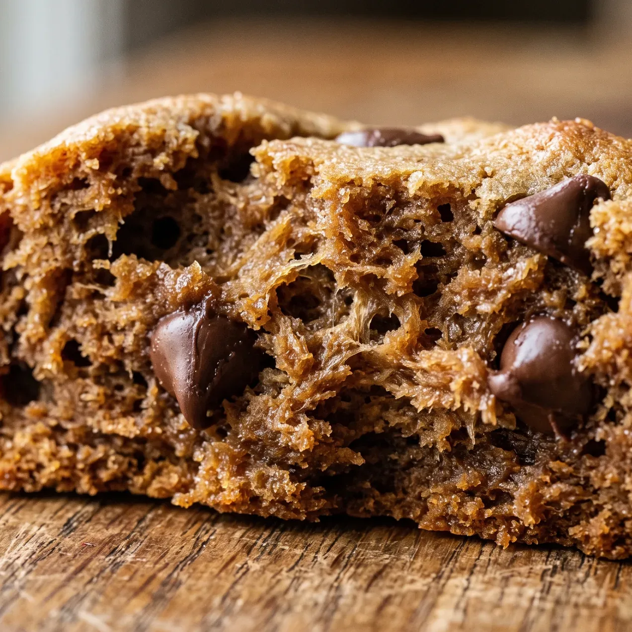 Extreme close-up of a chocolate chip cookie torn in half, showing a dense chewy crumb, soft strands pulling apart, and glossy melted chocolate.
