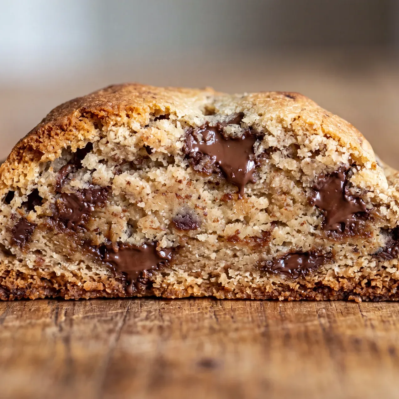 Extreme close-up of the cut edge of a chocolate chip cookie, showing the crisp browned rim on the outside giving way to a paler, softer centre.
