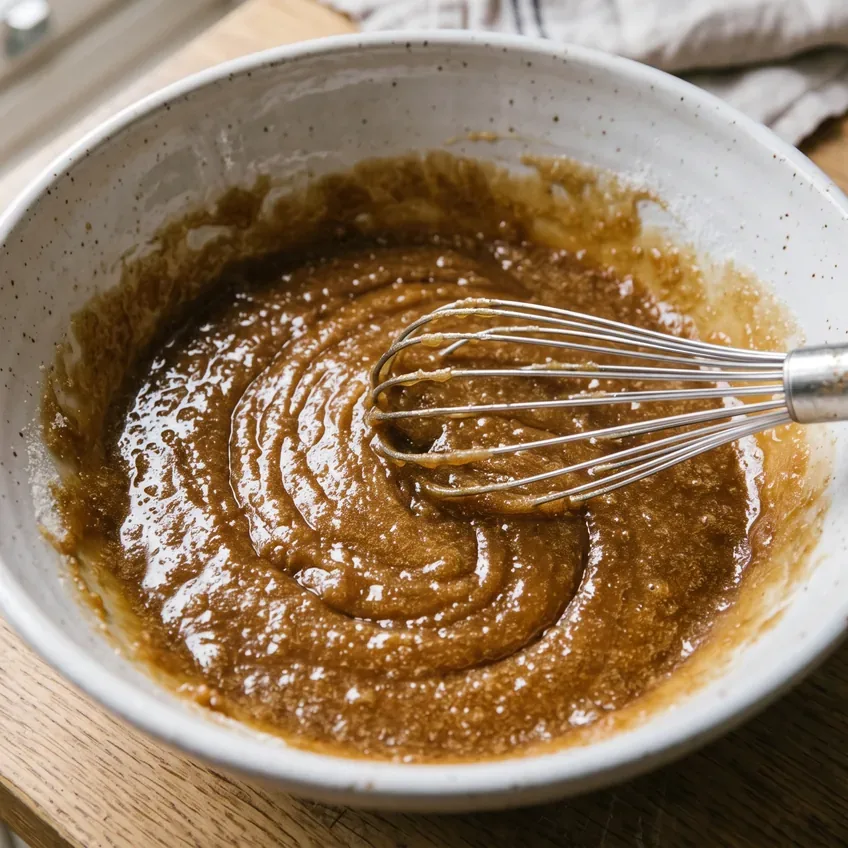 A bowl of melted butter whisked with dark brown and granulated sugar into a thick, glossy, sandy-brown paste, with a whisk resting in it.