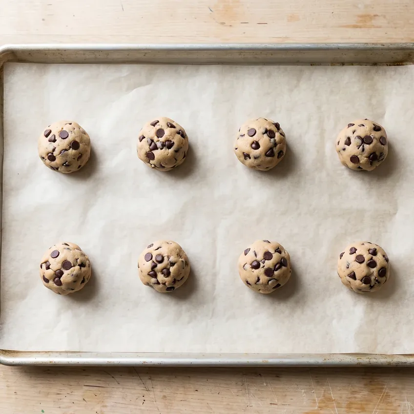 Eight balls of cookie dough spaced widely apart on a parchment-lined baking sheet, arranged in two staggered rows with clear gaps between them.