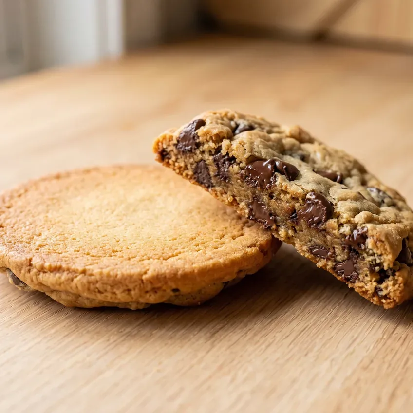 One cooled chocolate chip cookie turned on its side beside another lying face down, showing an evenly golden underside and the cookie's thickness.