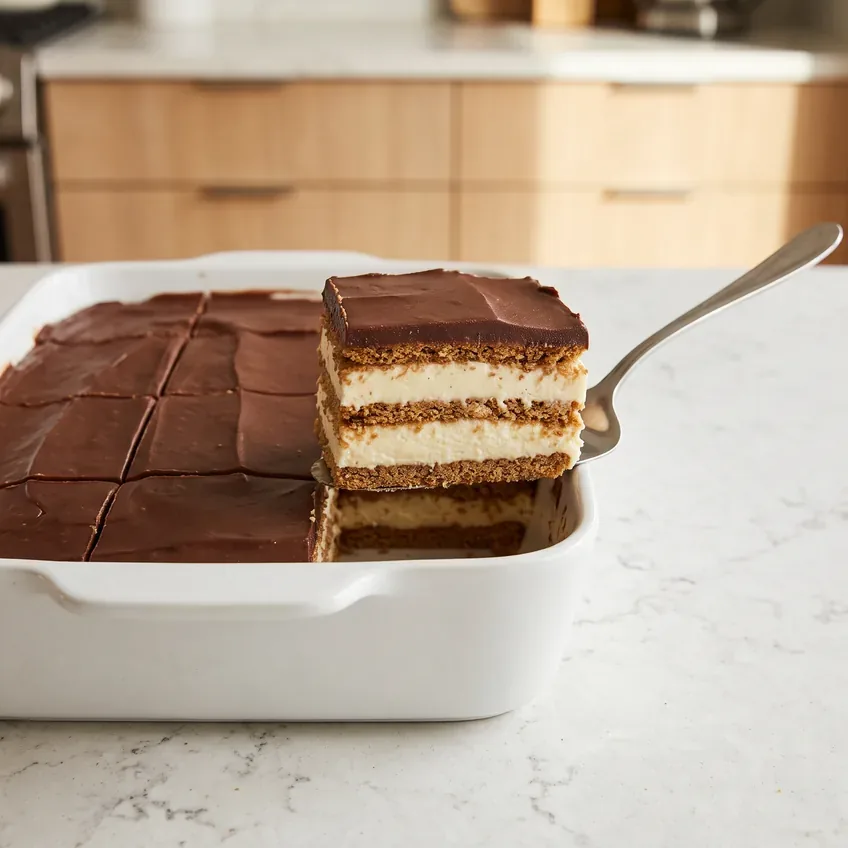 A cut chocolate eclair cake in a 9x13 dish, one square lifted out to show three softened graham cracker layers, pale vanilla filling and a smooth chocolate top.