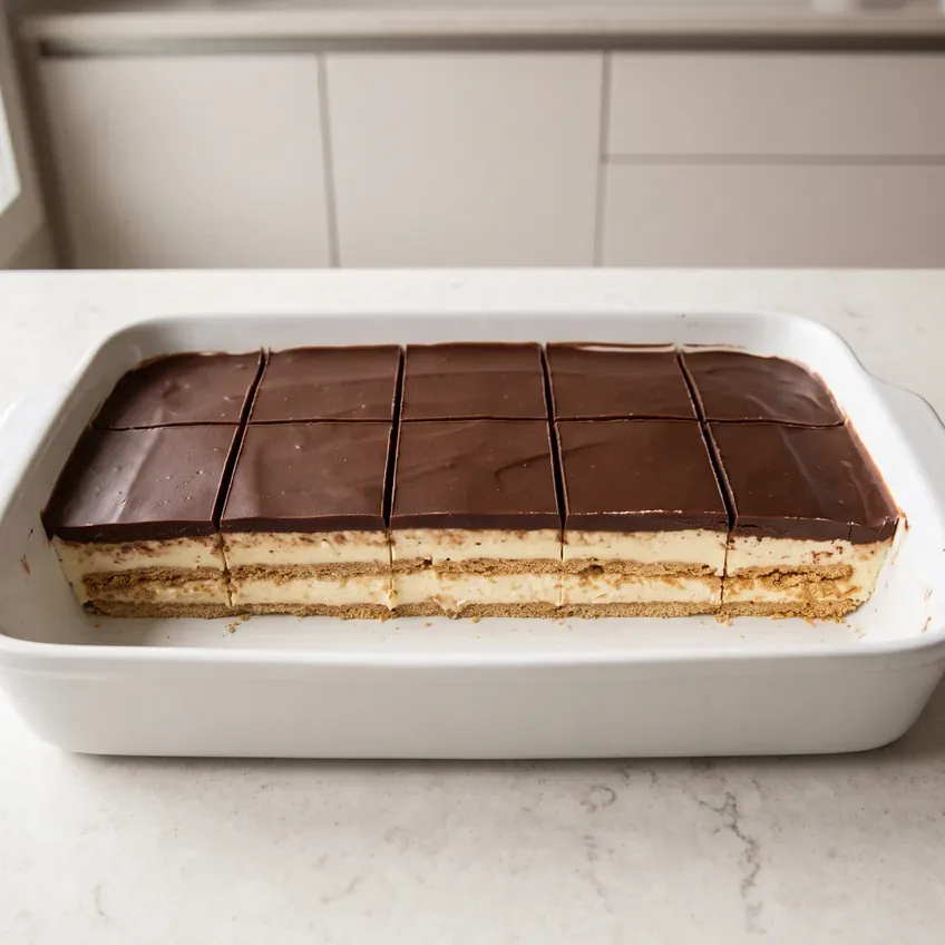 The chilled dish cut into fifteen even squares, the knife lines clean and the layers still stacked and defined in every portion.