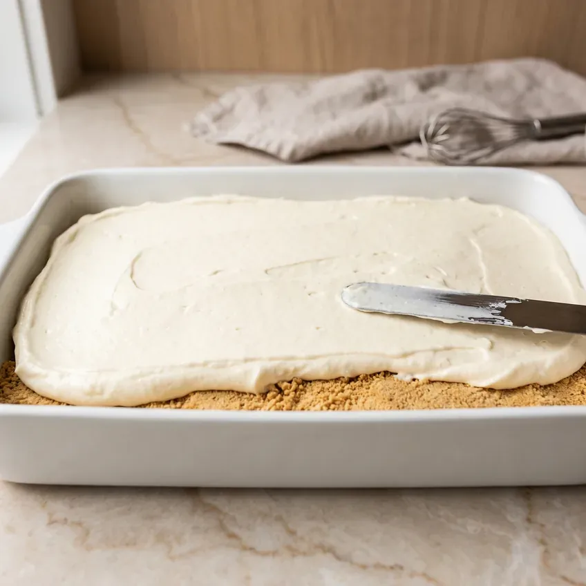 Half the pale vanilla filling spread in an even layer over the graham crackers in the dish, smoothed level with an offset spatula.