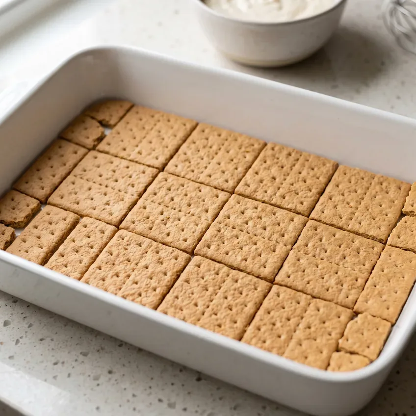 The first layer of whole graham crackers arranged edge to edge across the bottom of a 9x13 dish, with broken pieces filling the gaps.