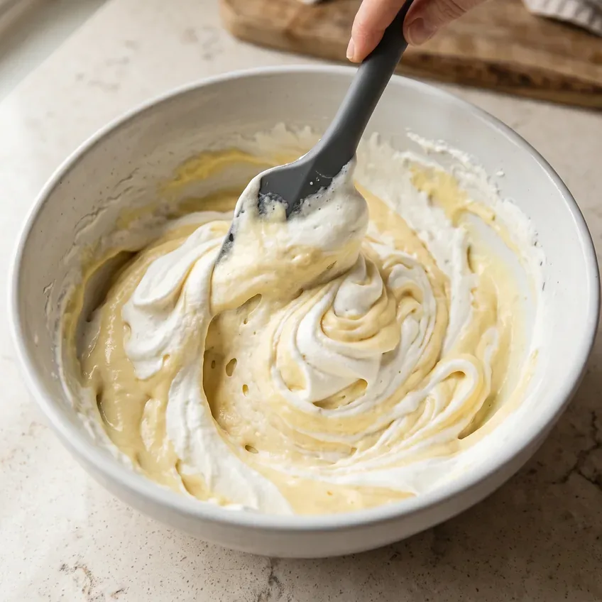 Whipped topping being folded into thick vanilla pudding with a spatula, half combined with pale streaks still visible in the bowl.