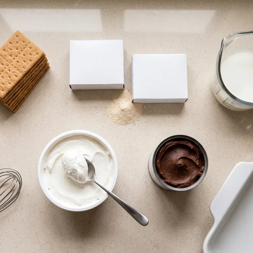 Five ingredients on a counter: graham crackers, two boxes of instant vanilla pudding mix, cold milk, a tub of whipped topping and chocolate frosting.