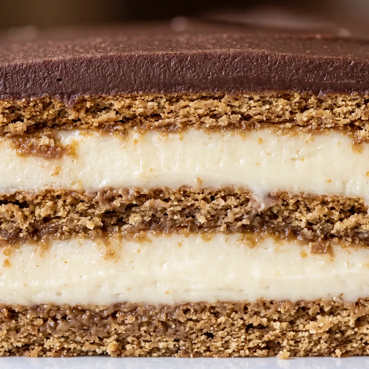 Extreme close-up of the cut side of a chocolate eclair cake, showing three graham cracker layers softened to a cake-like crumb between pale filling.
