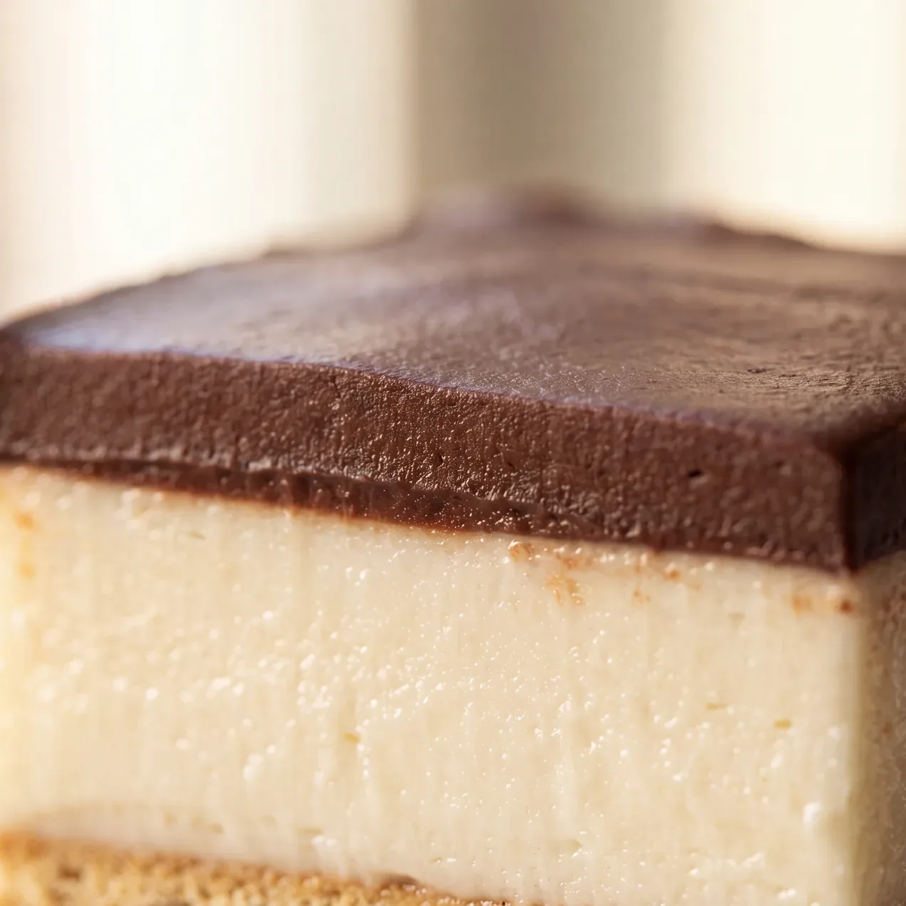 Extreme close-up of the top edge of a served slice, the glossy chocolate layer meeting pale vanilla filling with a clean straight cut face.