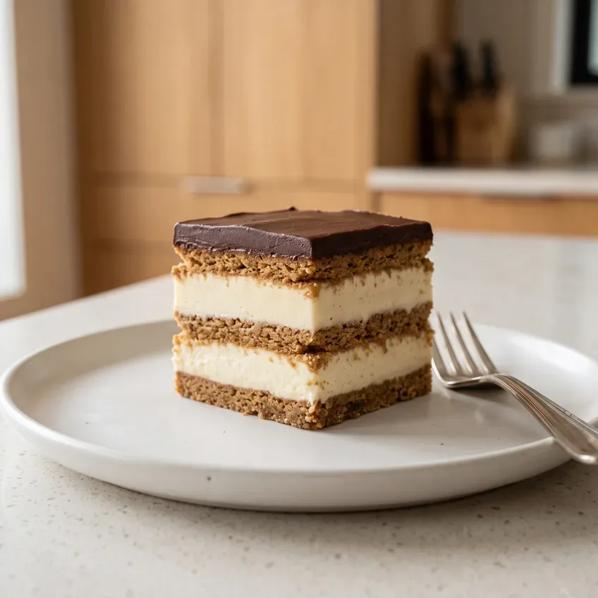 One square of chocolate eclair cake on a white plate beside a fork, standing square with its layers clearly separated and holding their shape.