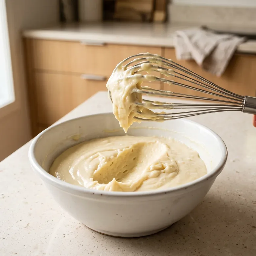Thick vanilla pudding in a mixing bowl, holding the mark of a whisk and clinging to the beaters without running back level.