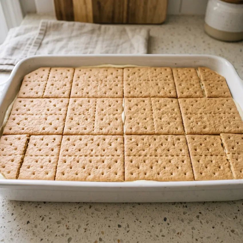 The third and final layer of graham crackers placed over the filling, flat and even, with the pale filling just visible at the edges.
