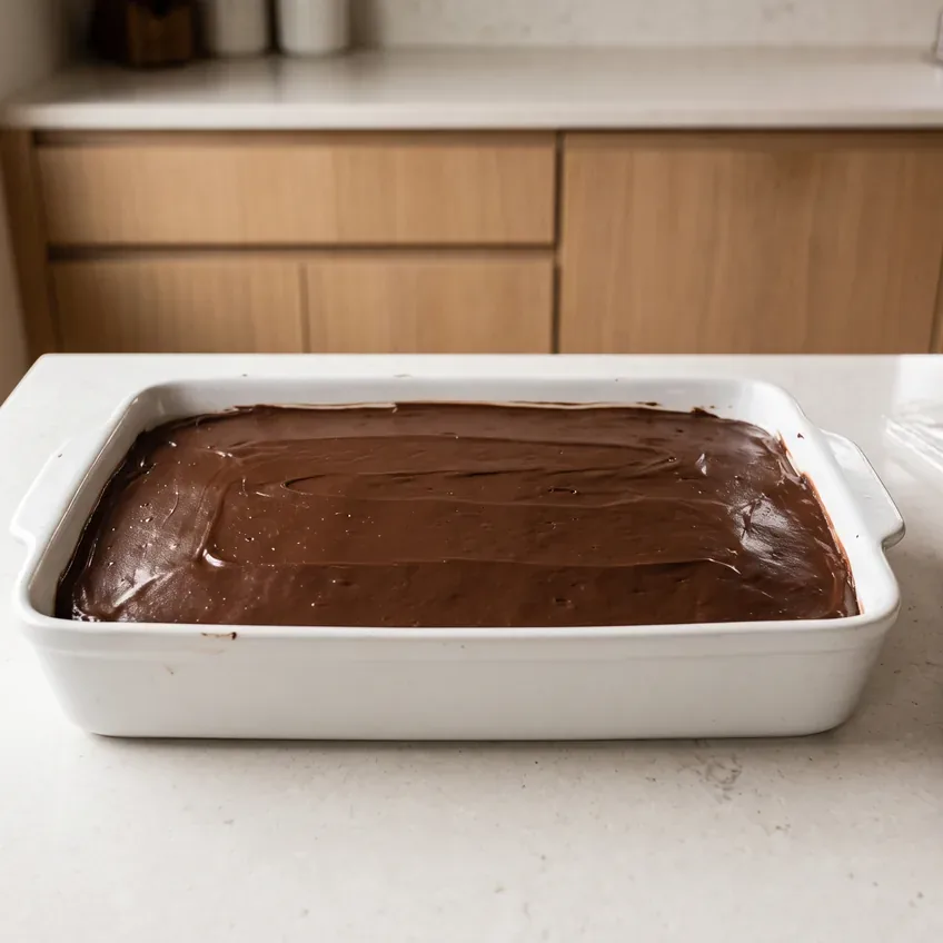 The assembled dish covered with a smooth even layer of chocolate frosting, unchilled, the surface glossy and free of drag marks.