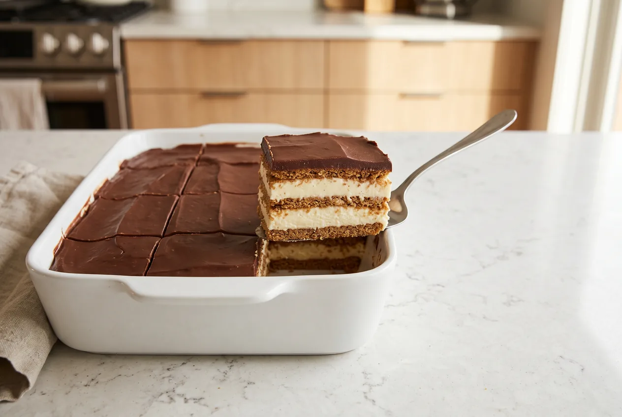 A cut chocolate eclair cake in a 9x13 dish, one square lifted out to show three softened graham cracker layers, pale vanilla filling and a smooth chocolate top.