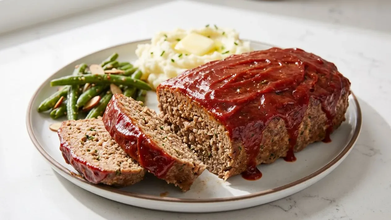 A sliced classic meatloaf with glaze, served on a plate.
