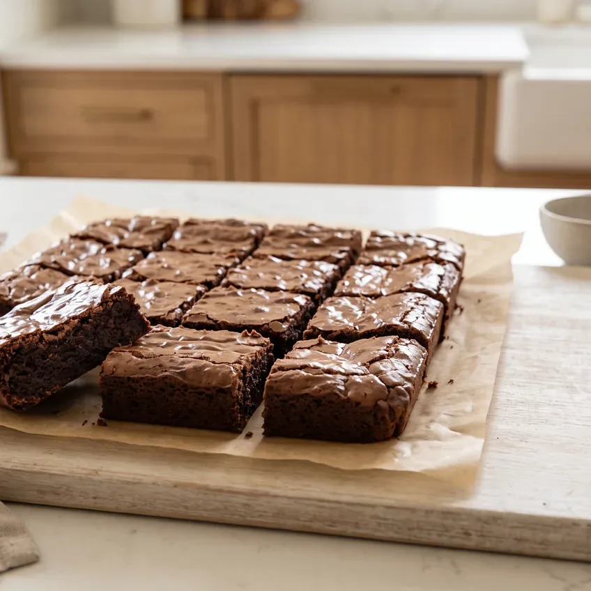 Fudgy cocoa brownies cut into squares on parchment, the tops thin and shiny with a crackled surface and the interiors dark and dense.