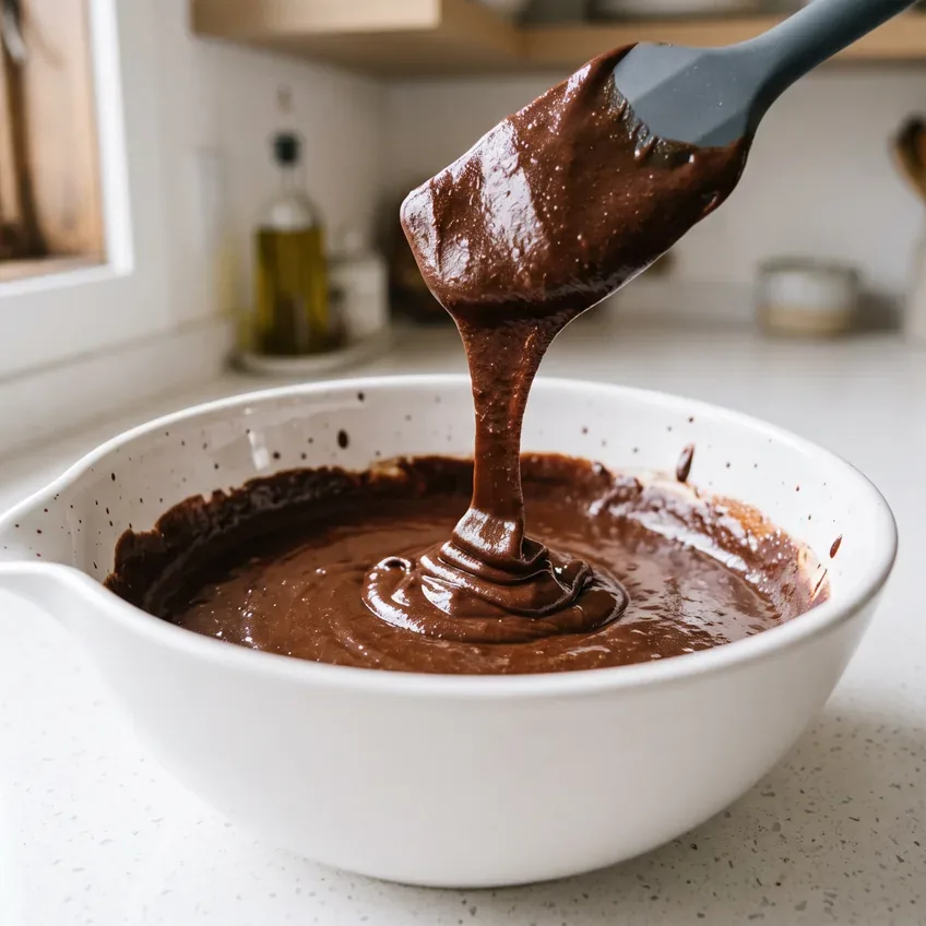 Finished cocoa brownie batter in a bowl, thick, dark and noticeably glossy, falling from a spatula in a heavy ribbon.