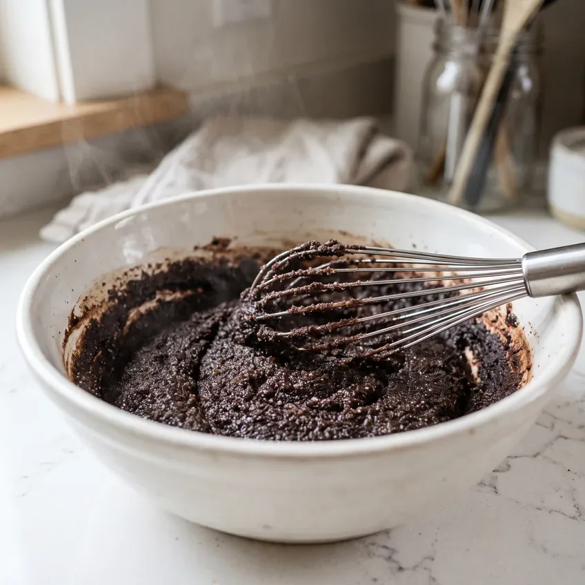 Hot melted butter whisked into cocoa powder and sugar in a bowl, forming a thick, dark, grainy paste with a whisk resting in it.