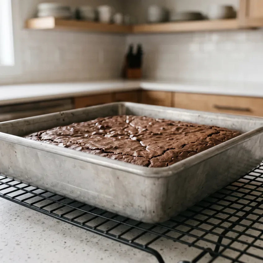 The uncut pan of cocoa brownies resting on a wire cooling rack, the shiny crackled surface fully set and no longer wet.