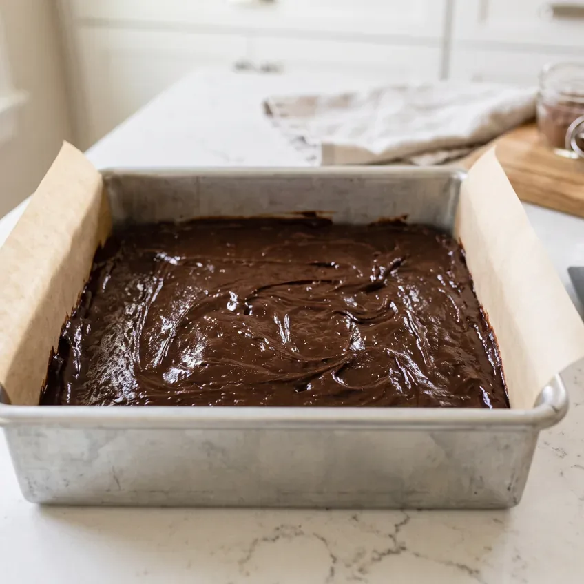 Thick dark cocoa brownie batter spread into a parchment-lined 8-inch square metal pan, level and reaching all four corners.