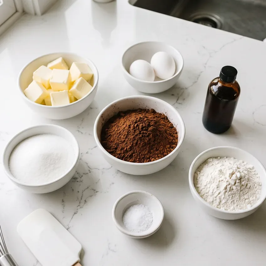 Cocoa brownie ingredients on a counter: butter, granulated sugar, unsweetened cocoa powder, two eggs, vanilla, flour and salt.