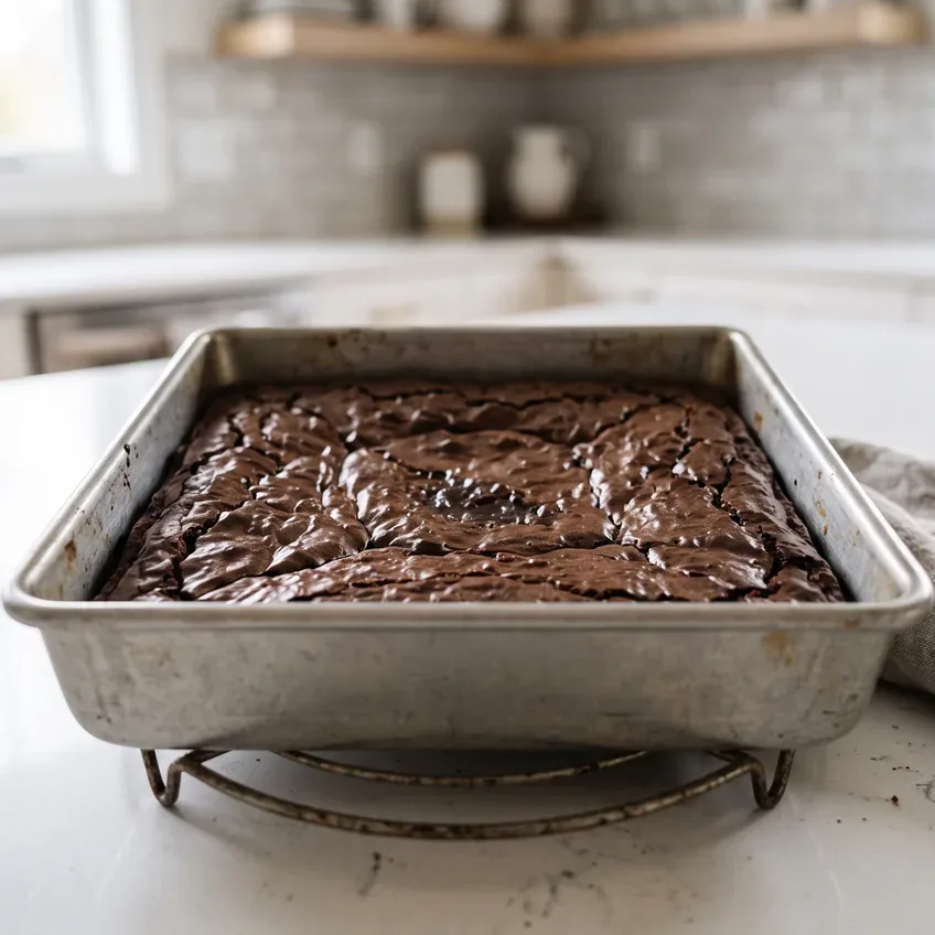 The pan of cocoa brownies straight from the oven, the surface matte-shiny and lightly crackled with the edges just set.