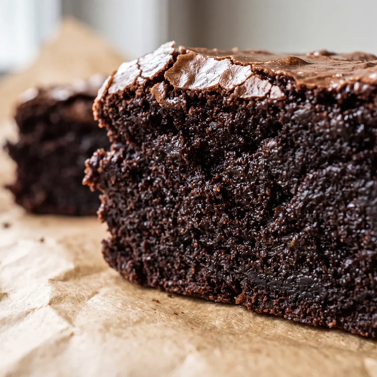 Extreme close-up of a cocoa brownie broken in half, showing a tight, moist, dark chocolate crumb with no open airy holes.