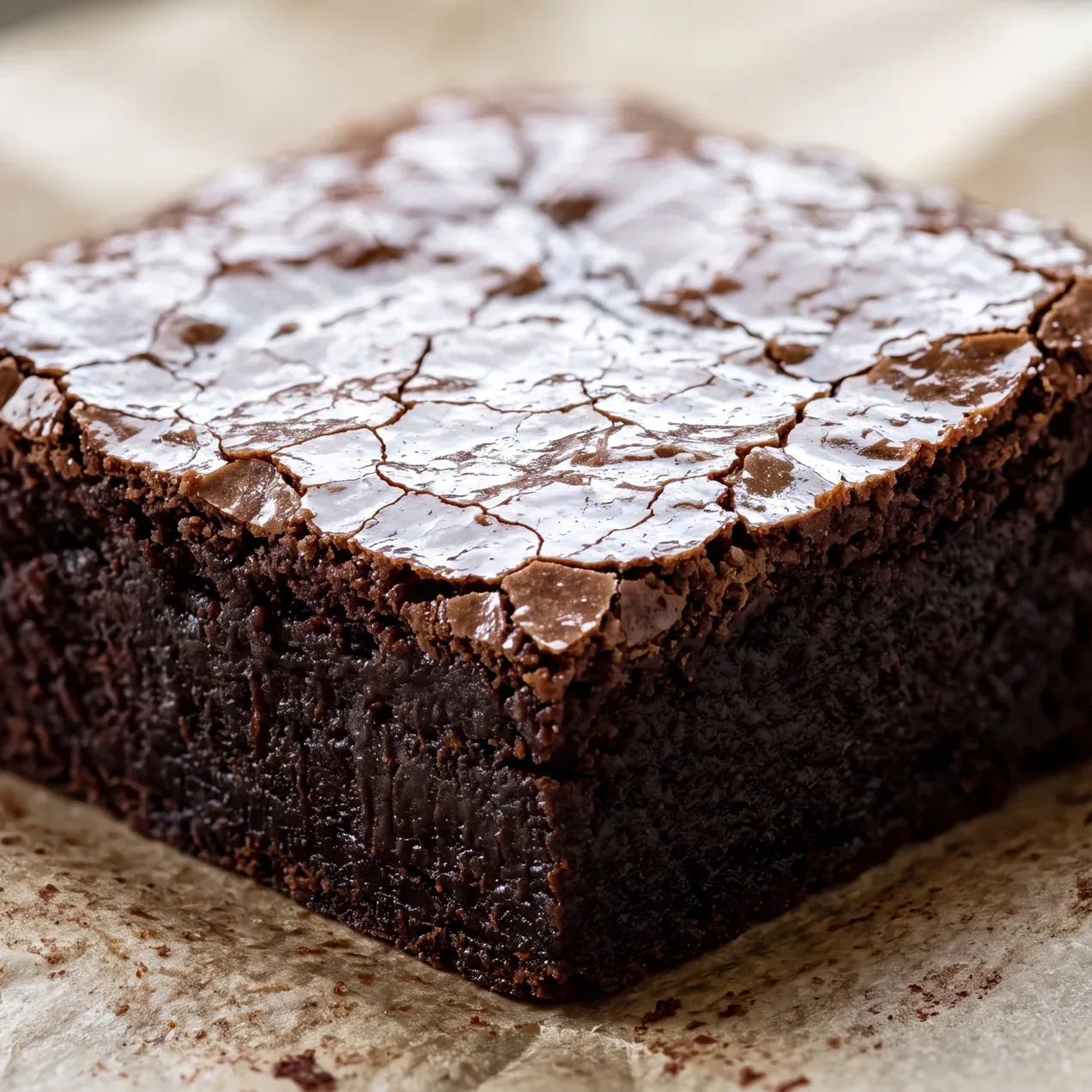 Extreme close-up of the corner of a cocoa brownie, showing the thin shiny crackled top layer sitting over a darker dense interior.