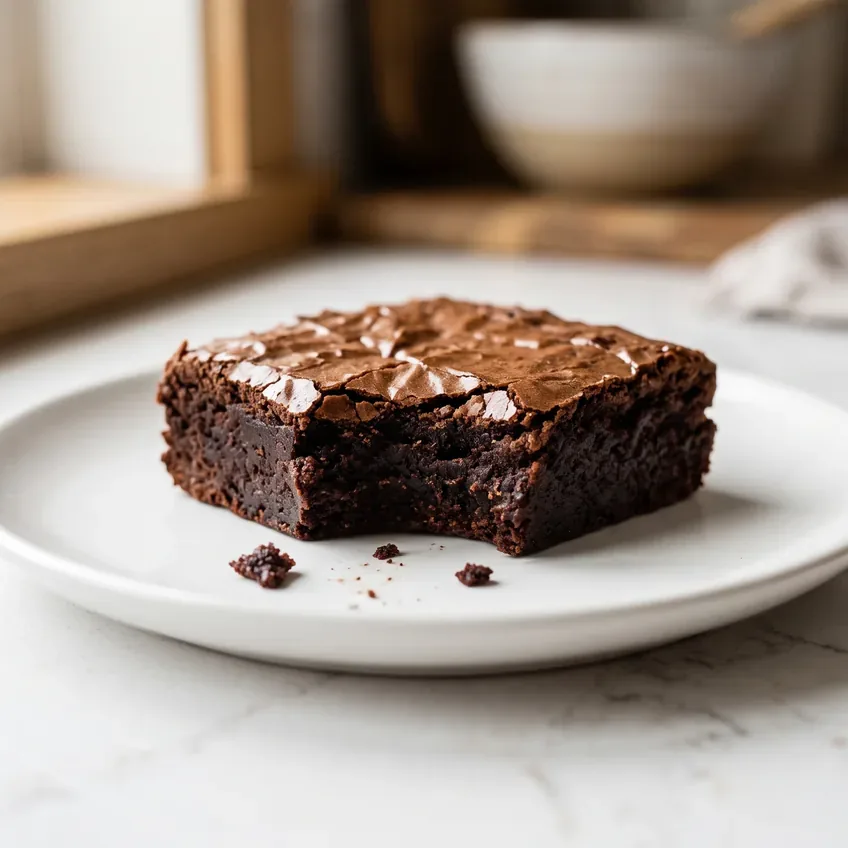 One cocoa brownie on a white plate with a bite taken from the corner, showing the dense fudgy interior against the thin shiny top.