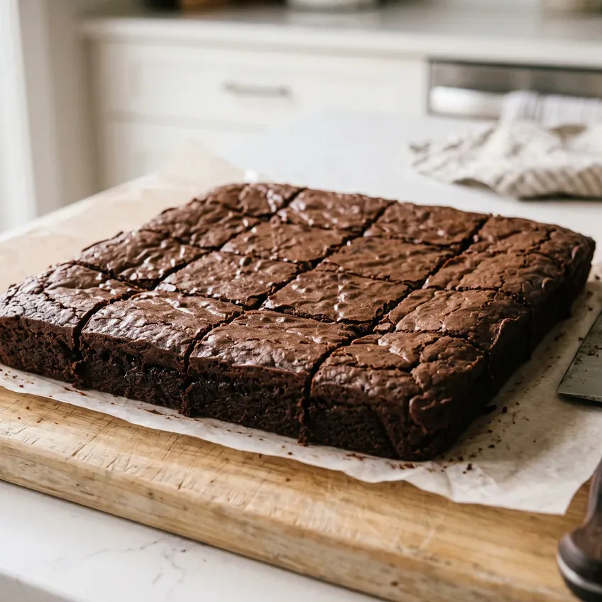 The cooled slab of cocoa brownies cut into a four-by-four grid of squares, still together, with clean straight dark cut faces.