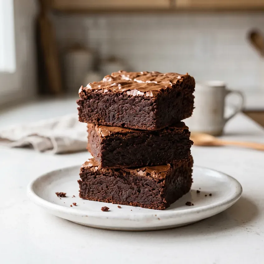 Three cocoa brownies stacked on a small plate, the cut sides showing a dense, moist, almost truffle-like dark interior.