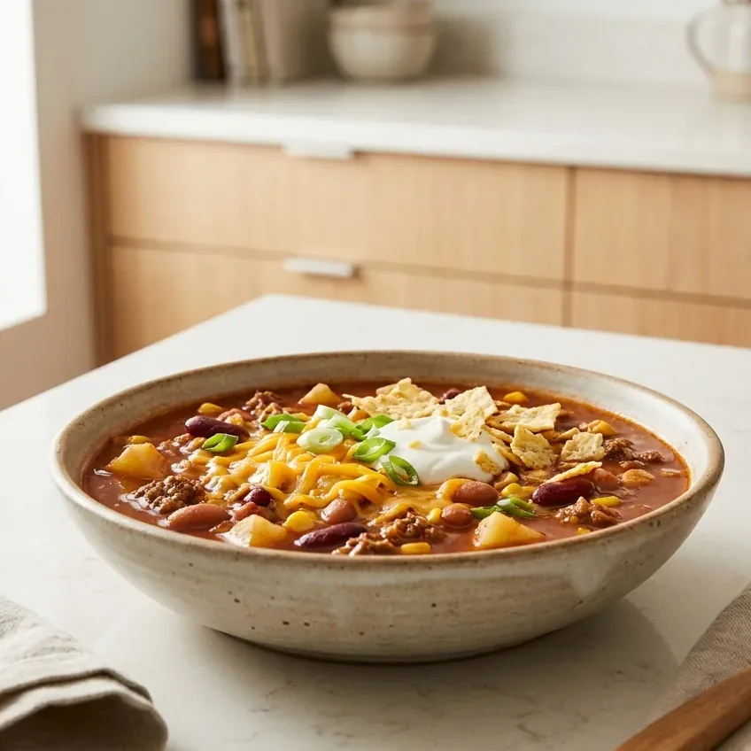 A rustic bowl of cowboy soup with ground beef, pinto and kidney beans, corn, and diced potatoes in a smoky tomato broth, topped with shredded cheddar, sour cream, and green onion