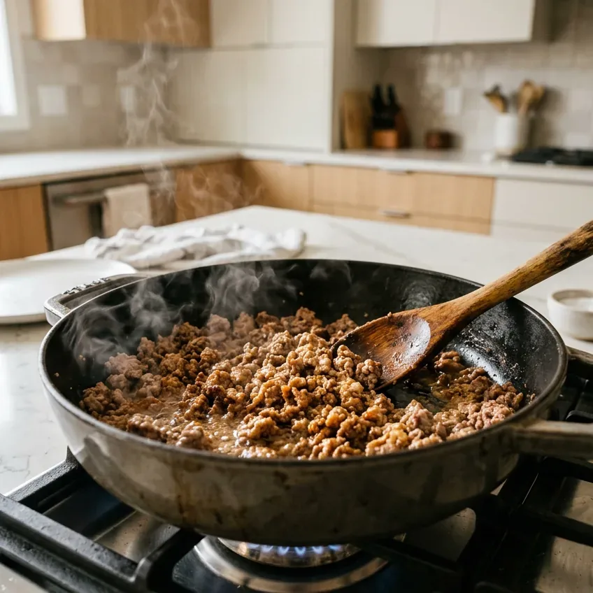 Ground beef browning in a Dutch oven for cowboy soup