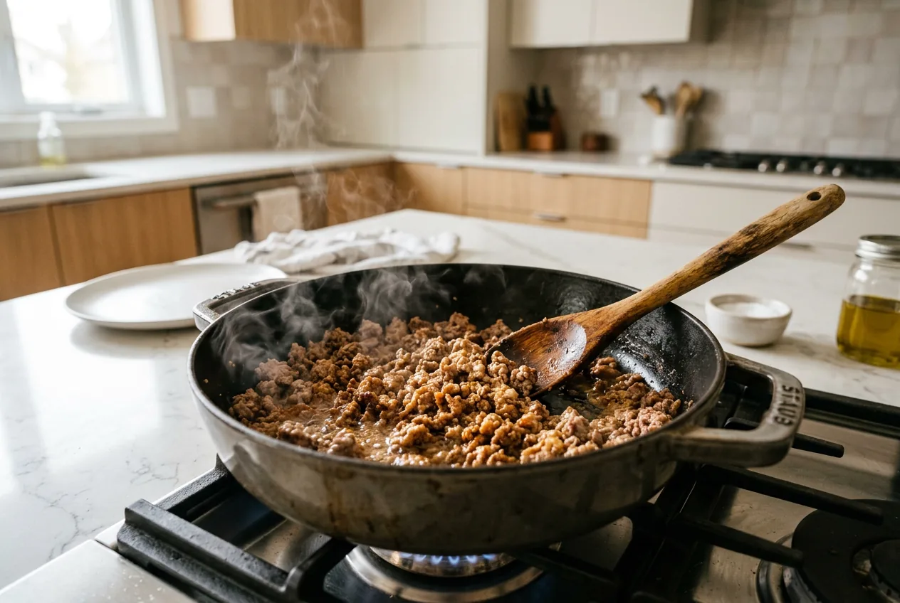 Ground beef browning in a Dutch oven for cowboy soup