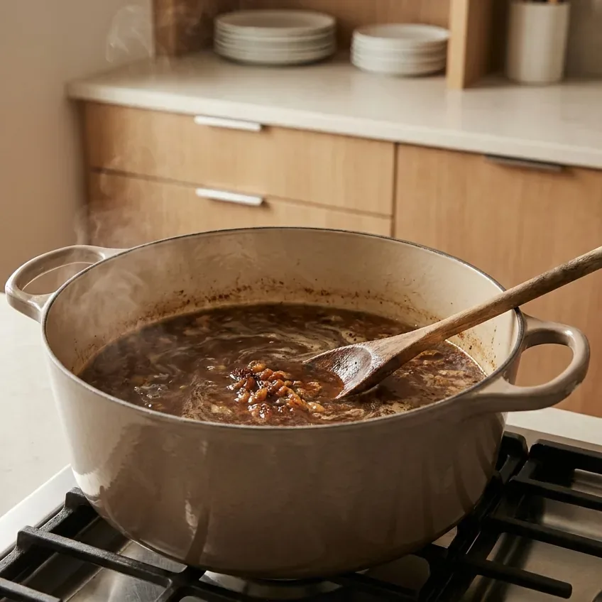 Beef broth deglazing the browned bits in a Dutch oven for cowboy soup