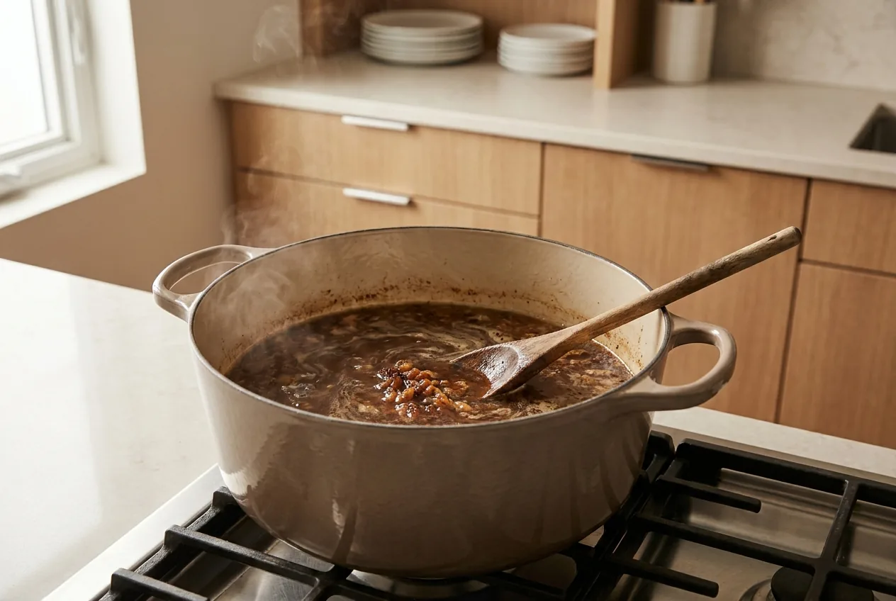 Beef broth deglazing the browned bits in a Dutch oven for cowboy soup