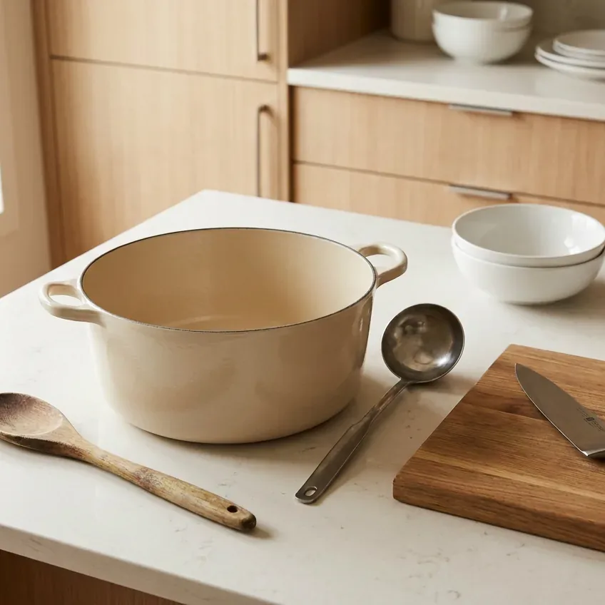 Equipment for making cowboy soup: a Dutch oven, wooden spoon, ladle, thermometer, and knife