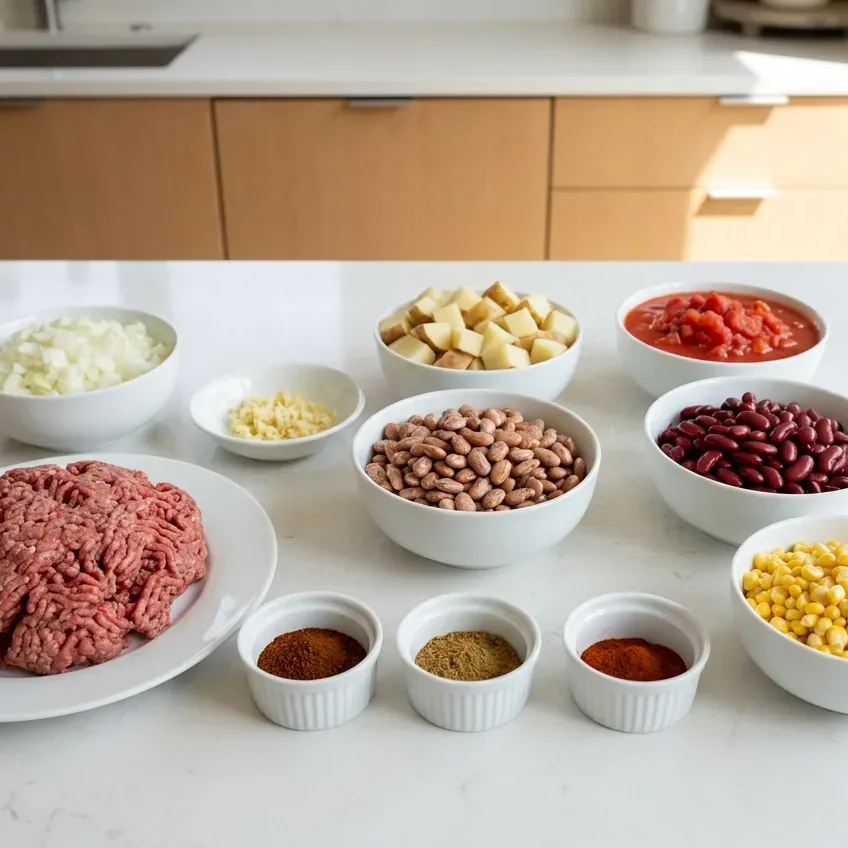 Raw ingredients for cowboy soup portioned into bowls: ground beef, potatoes, onion, canned beans, corn, and chili spices