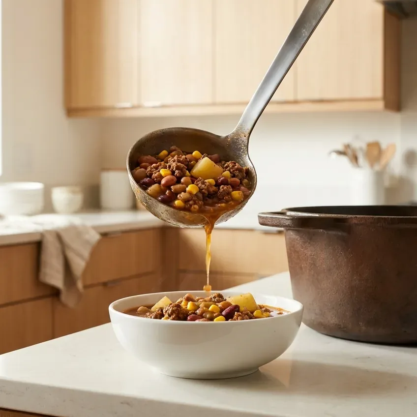 Cowboy soup being ladled from a Dutch oven into a white bowl