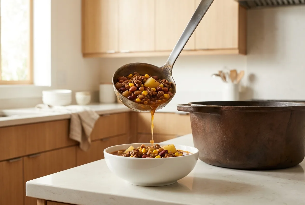 Cowboy soup being ladled from a Dutch oven into a white bowl